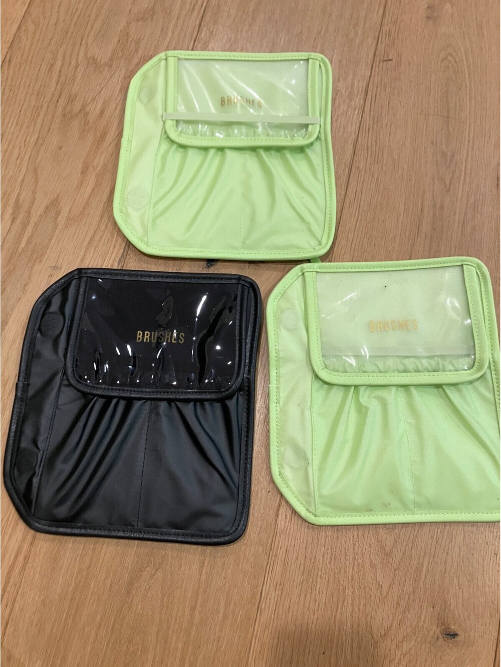 BÉIS Travel Makeup Brush Pouch Holder Lot — Citron Green & Black (3-Piece Set)
